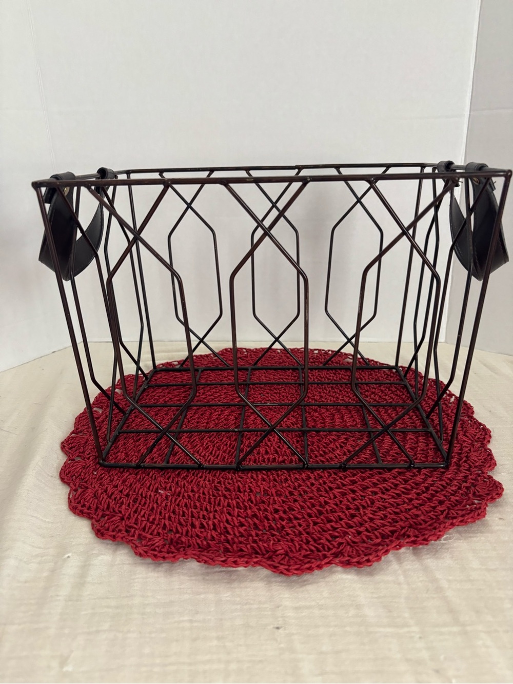 Geometric Metal Wire Storage Basket in Brown with Black Handles
